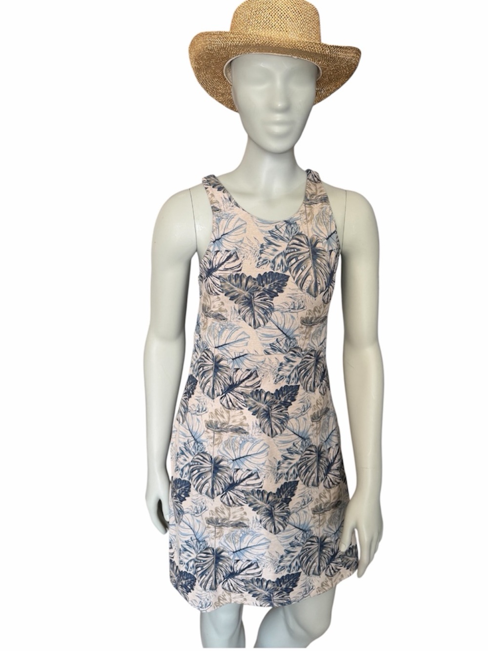 KYODAN Outdoor Leaves Drift Sleeveless Blue & Cream Print Mini Active Dress Sz S